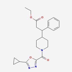 molecular formula C22H27N3O4 B6989532 Ethyl 3-[1-(5-cyclopropyl-1,3,4-oxadiazole-2-carbonyl)piperidin-4-yl]-3-phenylpropanoate 