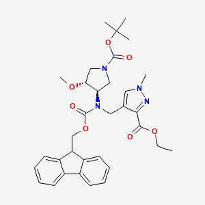 molecular formula C33H40N4O7 B7023339 ethyl 4-[[9H-fluoren-9-ylmethoxycarbonyl-[(3R,4R)-4-methoxy-1-[(2-methylpropan-2-yl)oxycarbonyl]pyrrolidin-3-yl]amino]methyl]-1-methylpyrazole-3-carboxylate 