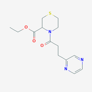 molecular formula C14H19N3O3S B7039612 Ethyl 4-(3-pyrazin-2-ylpropanoyl)thiomorpholine-3-carboxylate 