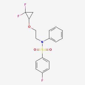 molecular formula C17H16F3NO3S B7048655 N-[2-(2,2-difluorocyclopropyl)oxyethyl]-4-fluoro-N-phenylbenzenesulfonamide 