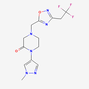 molecular formula C13H15F3N6O2 B7049930 1-(1-Methylpyrazol-4-yl)-4-[[3-(2,2,2-trifluoroethyl)-1,2,4-oxadiazol-5-yl]methyl]piperazin-2-one 