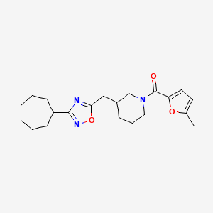 molecular formula C21H29N3O3 B7051029 [3-[(3-Cycloheptyl-1,2,4-oxadiazol-5-yl)methyl]piperidin-1-yl]-(5-methylfuran-2-yl)methanone 