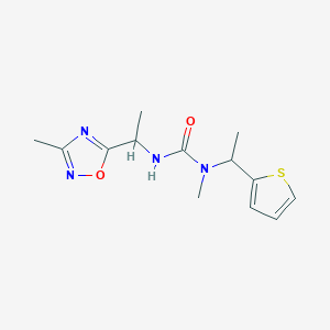 molecular formula C13H18N4O2S B7051552 1-Methyl-3-[1-(3-methyl-1,2,4-oxadiazol-5-yl)ethyl]-1-(1-thiophen-2-ylethyl)urea 