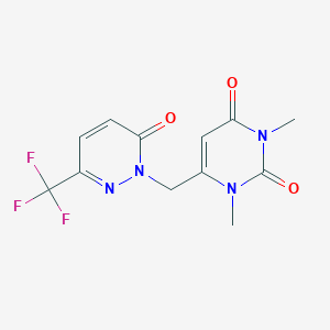 molecular formula C12H11F3N4O3 B7051995 1,3-Dimethyl-6-[[6-oxo-3-(trifluoromethyl)pyridazin-1-yl]methyl]pyrimidine-2,4-dione 