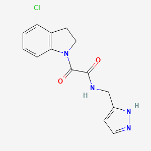 molecular formula C14H13ClN4O2 B7052353 2-(4-chloro-2,3-dihydroindol-1-yl)-2-oxo-N-(1H-pyrazol-5-ylmethyl)acetamide 