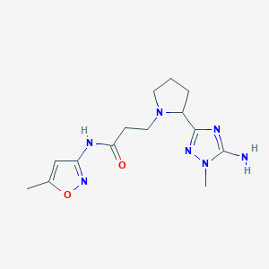 molecular formula C14H21N7O2 B7053274 3-[2-(5-amino-1-methyl-1,2,4-triazol-3-yl)pyrrolidin-1-yl]-N-(5-methyl-1,2-oxazol-3-yl)propanamide 