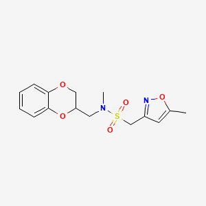 molecular formula C15H18N2O5S B7053929 N-(2,3-dihydro-1,4-benzodioxin-3-ylmethyl)-N-methyl-1-(5-methyl-1,2-oxazol-3-yl)methanesulfonamide 