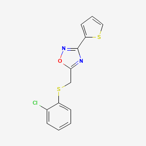 molecular formula C13H9ClN2OS2 B7053971 5-[(2-Chlorophenyl)sulfanylmethyl]-3-thiophen-2-yl-1,2,4-oxadiazole 