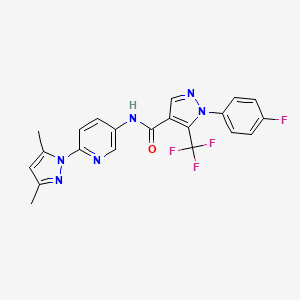 molecular formula C21H16F4N6O B7055714 N-[6-(3,5-dimethylpyrazol-1-yl)pyridin-3-yl]-1-(4-fluorophenyl)-5-(trifluoromethyl)pyrazole-4-carboxamide 