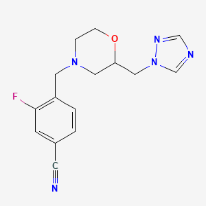 molecular formula C15H16FN5O B7057547 3-Fluoro-4-[[2-(1,2,4-triazol-1-ylmethyl)morpholin-4-yl]methyl]benzonitrile 