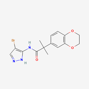 molecular formula C15H16BrN3O3 B7057565 N-(4-bromo-1H-pyrazol-5-yl)-2-(2,3-dihydro-1,4-benzodioxin-6-yl)-2-methylpropanamide 