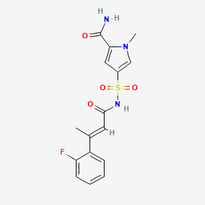 molecular formula C16H16FN3O4S B7057571 4-[[(E)-3-(2-fluorophenyl)but-2-enoyl]sulfamoyl]-1-methylpyrrole-2-carboxamide 