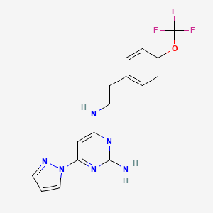 molecular formula C16H15F3N6O B7058451 6-pyrazol-1-yl-4-N-[2-[4-(trifluoromethoxy)phenyl]ethyl]pyrimidine-2,4-diamine 