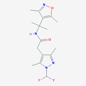 molecular formula C16H22F2N4O2 B7060346 2-[1-(difluoromethyl)-3,5-dimethylpyrazol-4-yl]-N-[2-(3,5-dimethyl-1,2-oxazol-4-yl)propan-2-yl]acetamide 