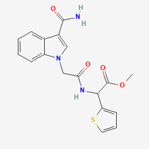 molecular formula C18H17N3O4S B7063223 Methyl 2-[[2-(3-carbamoylindol-1-yl)acetyl]amino]-2-thiophen-2-ylacetate 