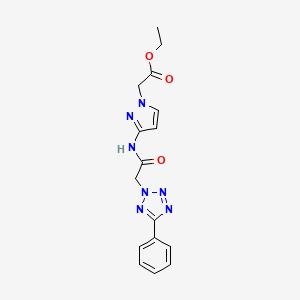 molecular formula C16H17N7O3 B7090050 Ethyl 2-[3-[[2-(5-phenyltetrazol-2-yl)acetyl]amino]pyrazol-1-yl]acetate 