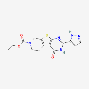 molecular formula C15H15N5O3S B7095162 ethyl 3-oxo-5-(1H-pyrazol-5-yl)-8-thia-4,6,11-triazatricyclo[7.4.0.02,7]trideca-1(9),2(7),5-triene-11-carboxylate 