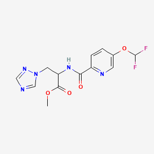 molecular formula C13H13F2N5O4 B7096896 Methyl 2-[[5-(difluoromethoxy)pyridine-2-carbonyl]amino]-3-(1,2,4-triazol-1-yl)propanoate 