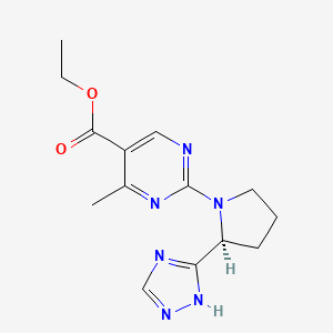 molecular formula C14H18N6O2 B7106072 ethyl 4-methyl-2-[(2S)-2-(1H-1,2,4-triazol-5-yl)pyrrolidin-1-yl]pyrimidine-5-carboxylate 