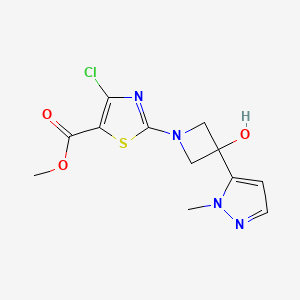 molecular formula C12H13ClN4O3S B7110488 Methyl 4-chloro-2-[3-hydroxy-3-(2-methylpyrazol-3-yl)azetidin-1-yl]-1,3-thiazole-5-carboxylate 