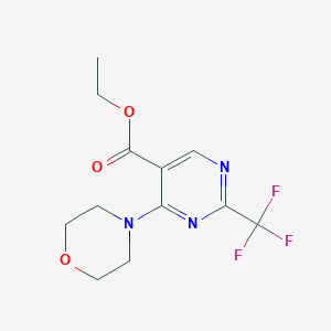 molecular formula C12H14F3N3O3 B7129368 Ethyl 4-morpholin-4-yl-2-(trifluoromethyl)pyrimidine-5-carboxylate 