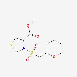 molecular formula C11H19NO5S2 B7219861 Methyl 3-(oxan-2-ylmethylsulfonyl)-1,3-thiazolidine-4-carboxylate 