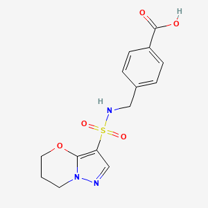 molecular formula C14H15N3O5S B7245403 4-[(6,7-dihydro-5H-pyrazolo[5,1-b][1,3]oxazin-3-ylsulfonylamino)methyl]benzoic acid 