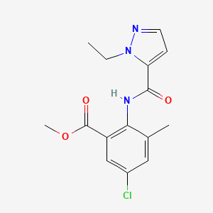 molecular formula C15H16ClN3O3 B7273720 Methyl 5-chloro-2-[(2-ethylpyrazole-3-carbonyl)amino]-3-methylbenzoate 