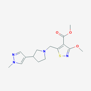 molecular formula C15H20N4O3S B7280473 Methyl 3-methoxy-5-[[3-(1-methylpyrazol-4-yl)pyrrolidin-1-yl]methyl]-1,2-thiazole-4-carboxylate 