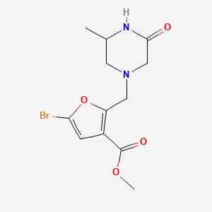 molecular formula C12H15BrN2O4 B7280513 Methyl 5-bromo-2-[(3-methyl-5-oxopiperazin-1-yl)methyl]furan-3-carboxylate 