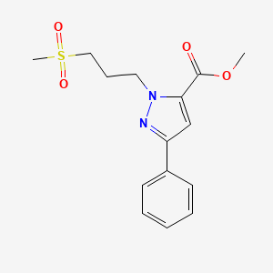 molecular formula C15H18N2O4S B7282724 Methyl 2-(3-methylsulfonylpropyl)-5-phenylpyrazole-3-carboxylate 