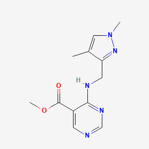 molecular formula C12H15N5O2 B7305379 Methyl 4-[(1,4-dimethylpyrazol-3-yl)methylamino]pyrimidine-5-carboxylate 