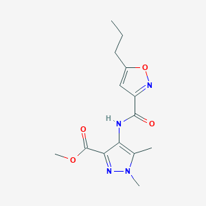 molecular formula C14H18N4O4 B7315666 Methyl 1,5-dimethyl-4-[(5-propyl-1,2-oxazole-3-carbonyl)amino]pyrazole-3-carboxylate 