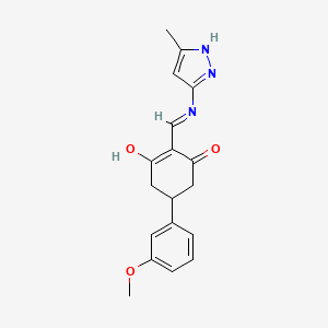 molecular formula C18H19N3O3 B7327063 3-hydroxy-5-(3-methoxyphenyl)-2-[(5-methyl-1H-pyrazol-3-yl)iminomethyl]cyclohex-2-en-1-one 