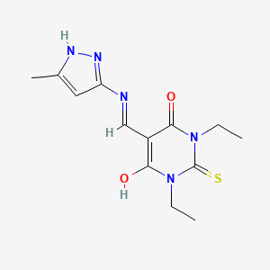 molecular formula C13H17N5O2S B7327065 1,3-diethyl-6-hydroxy-5-[(5-methyl-1H-pyrazol-3-yl)iminomethyl]-2-sulfanylidenepyrimidin-4-one 