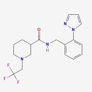 molecular formula C18H21F3N4O B7327464 N-[(2-pyrazol-1-ylphenyl)methyl]-1-(2,2,2-trifluoroethyl)piperidine-3-carboxamide 