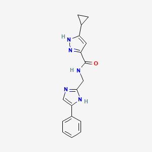 molecular formula C17H17N5O B7328192 5-cyclopropyl-N-[(5-phenyl-1H-imidazol-2-yl)methyl]-1H-pyrazole-3-carboxamide 