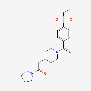 molecular formula C20H28N2O4S B7328234 2-[1-(4-Ethylsulfonylbenzoyl)piperidin-4-yl]-1-pyrrolidin-1-ylethanone 