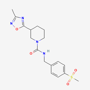 molecular formula C17H22N4O4S B7328442 3-(3-methyl-1,2,4-oxadiazol-5-yl)-N-[(4-methylsulfonylphenyl)methyl]piperidine-1-carboxamide 