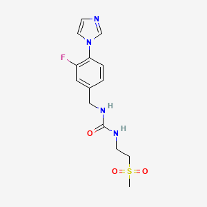 molecular formula C14H17FN4O3S B7328456 1-[(3-Fluoro-4-imidazol-1-ylphenyl)methyl]-3-(2-methylsulfonylethyl)urea 