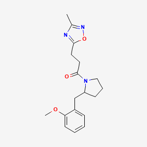 molecular formula C18H23N3O3 B7328690 1-[2-[(2-Methoxyphenyl)methyl]pyrrolidin-1-yl]-3-(3-methyl-1,2,4-oxadiazol-5-yl)propan-1-one 