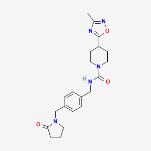 molecular formula C21H27N5O3 B7328889 4-(3-methyl-1,2,4-oxadiazol-5-yl)-N-[[4-[(2-oxopyrrolidin-1-yl)methyl]phenyl]methyl]piperidine-1-carboxamide 