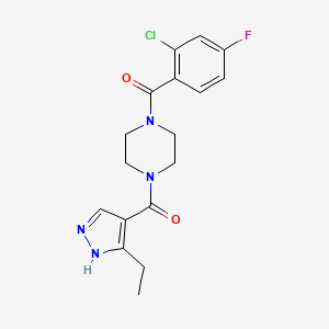 molecular formula C17H18ClFN4O2 B7329062 (2-chloro-4-fluorophenyl)-[4-(5-ethyl-1H-pyrazole-4-carbonyl)piperazin-1-yl]methanone 