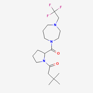 molecular formula C18H30F3N3O2 B7329141 3,3-Dimethyl-1-[2-[4-(2,2,2-trifluoroethyl)-1,4-diazepane-1-carbonyl]pyrrolidin-1-yl]butan-1-one 