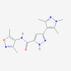 molecular formula C15H18N6O2 B7329419 N-(3,5-dimethyl-1,2-oxazol-4-yl)-3-(1,3,5-trimethylpyrazol-4-yl)-1H-pyrazole-5-carboxamide 