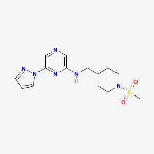 molecular formula C14H20N6O2S B7329433 N-[(1-methylsulfonylpiperidin-4-yl)methyl]-6-pyrazol-1-ylpyrazin-2-amine 