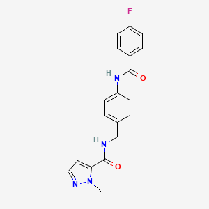 molecular formula C19H17FN4O2 B7329540 N-[[4-[(4-fluorobenzoyl)amino]phenyl]methyl]-2-methylpyrazole-3-carboxamide 