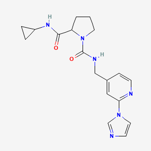 molecular formula C18H22N6O2 B7329619 2-N-cyclopropyl-1-N-[(2-imidazol-1-ylpyridin-4-yl)methyl]pyrrolidine-1,2-dicarboxamide 