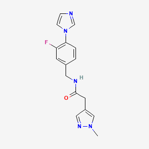 molecular formula C16H16FN5O B7330356 N-[(3-fluoro-4-imidazol-1-ylphenyl)methyl]-2-(1-methylpyrazol-4-yl)acetamide 