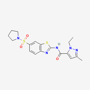 molecular formula C18H21N5O3S2 B7330499 2-ethyl-5-methyl-N-(6-pyrrolidin-1-ylsulfonyl-1,3-benzothiazol-2-yl)pyrazole-3-carboxamide 